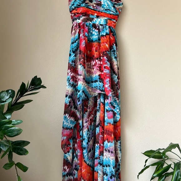 Aidan Mattox Hi Low Feather Print Strapless Chiffon Maxi Dress, size 4 - Picture 12 of 15